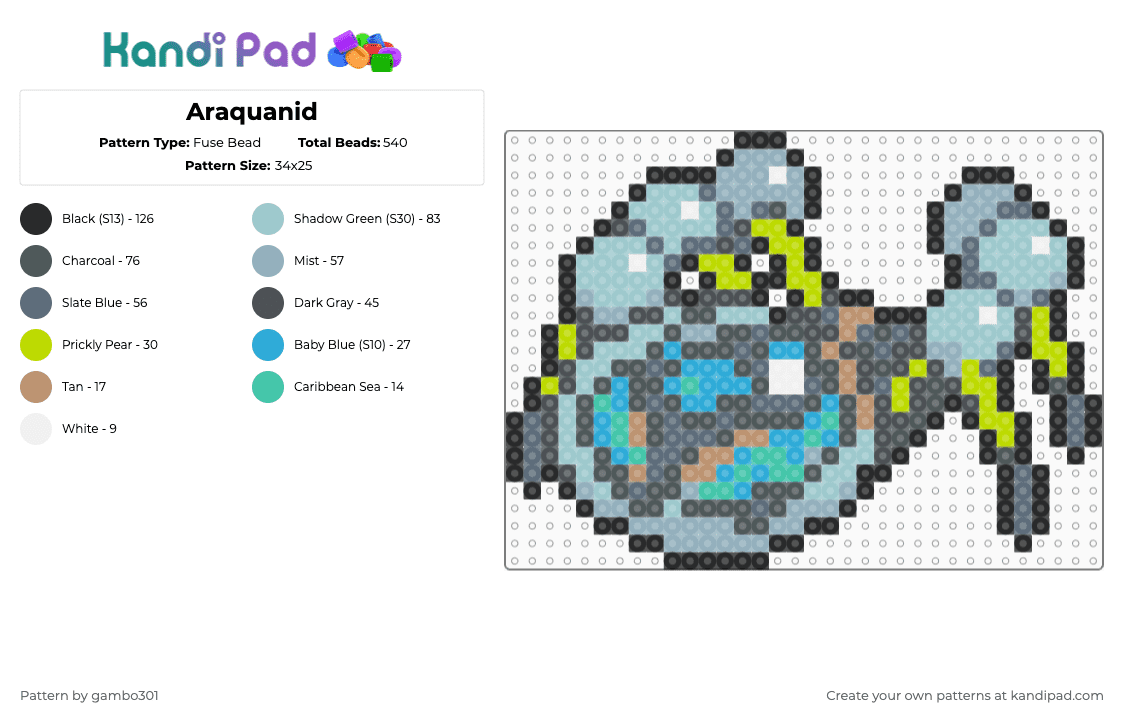 Araquanid - Fuse Bead Pattern by gambo301 on Kandi Pad - gray,light blue,pink