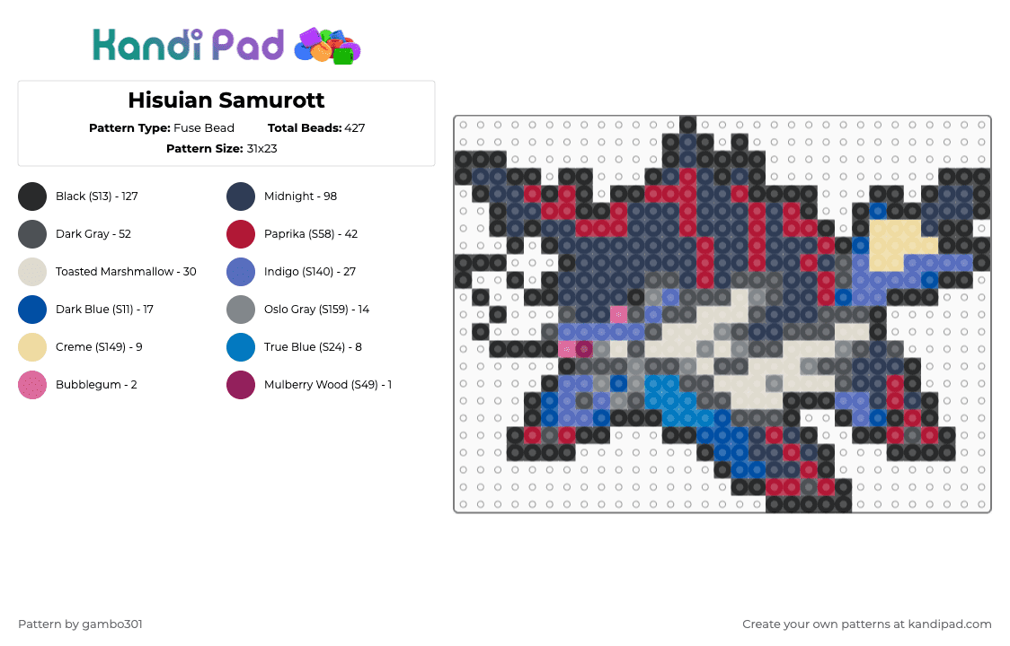 Hisuian Samurott - Fuse Bead Pattern by gambo301 on Kandi Pad - purple,gray,blue