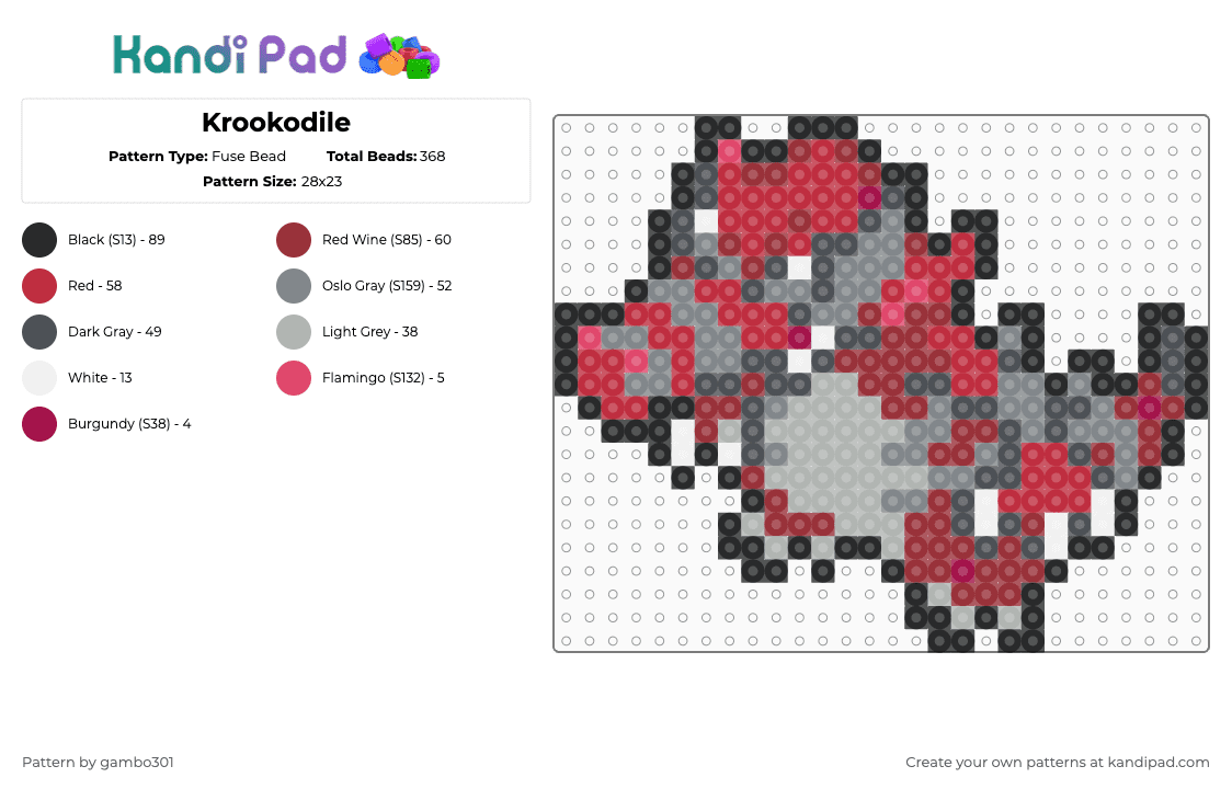 Krookodile - Fuse Bead Pattern by gambo301 on Kandi Pad - gray,red