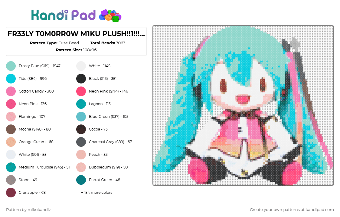 FR33LY T0M0RR0W M1KU PLU5H!!1!!!!!1!!!1!1!!!!!11!!111!! - Fuse Bead Pattern by mikukandiz on Kandi Pad - light blue,pink,beige,teal
