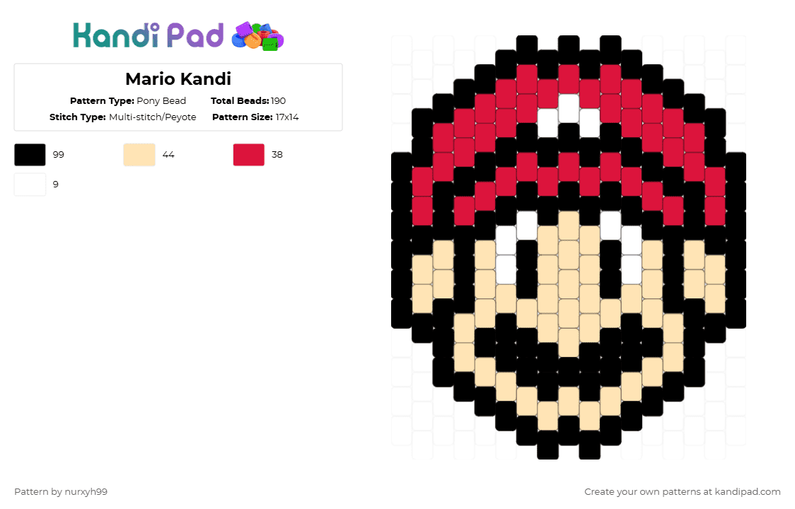 Mario Kandi - Pony Bead Pattern by nurxyh99 on Kandi Pad - red,beige,kanditoybox,mariokandi,kandipad,ravekandi,nintendokandi,mariobaddie,kandigirl,kandicharm