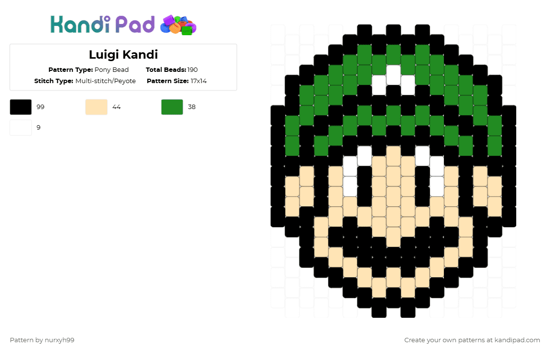 Luigi Kandi - Pony Bead Pattern by nurxyh99 on Kandi Pad - green,beige,kanditoybox,mariokandi,kandipad,ravekandi,nintendokandi,mariobaddie,kandigirl,luigikandi