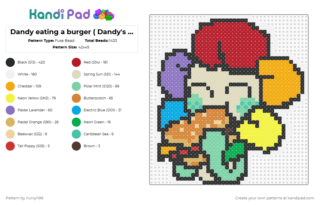 Dandy eating a burger ( Dandy\'s world sticker ) - Fuse Bead Pattern by nurxyh99 on Kandi Pad - beige,teal,orange,red