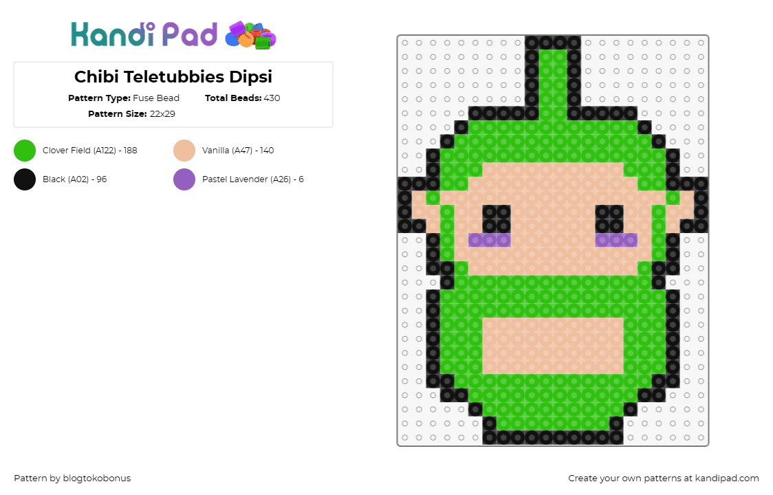 Chibi Teletubbies Dipsi - Fuse Bead Pattern by blogtokobonus on Kandi Pad - teletubbies,dipsy,chibi,retro,kids show,green