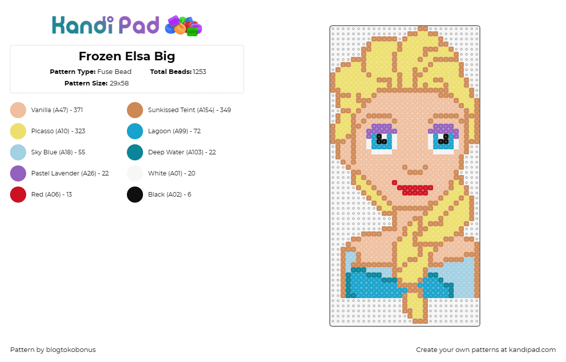 Frozen Elsa Big - Fuse Bead Pattern by blogtokobonus on Kandi Pad - elsa,frozen,disney,princess,animated,character,blonde