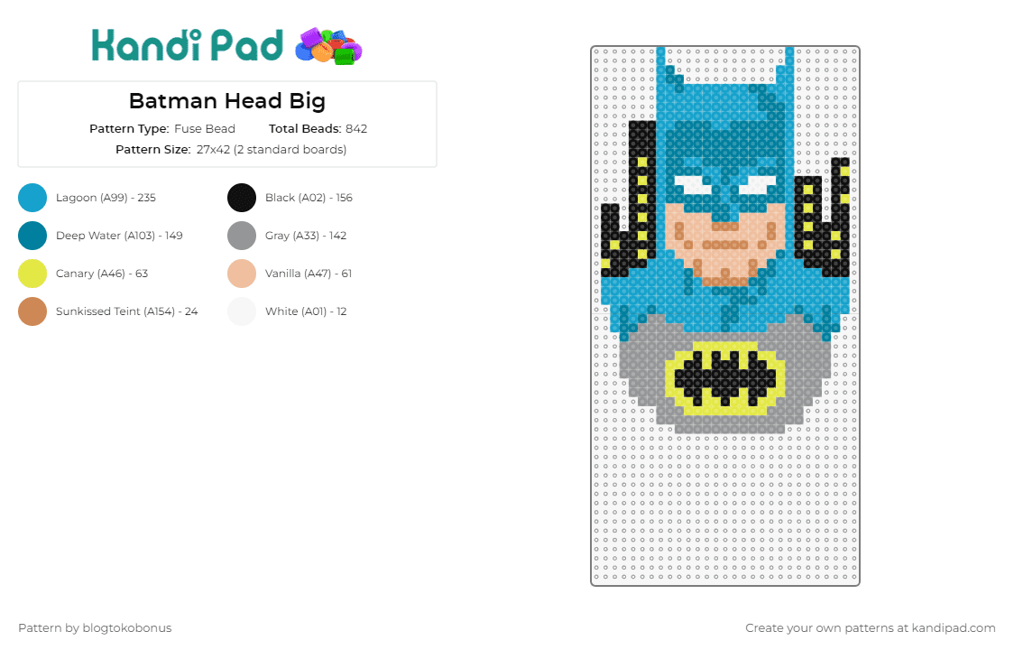 Batman Head Big - Fuse Bead Pattern by blogtokobonus on Kandi Pad - batman,dark knight,dc comics,superhero,iconic,creative,head