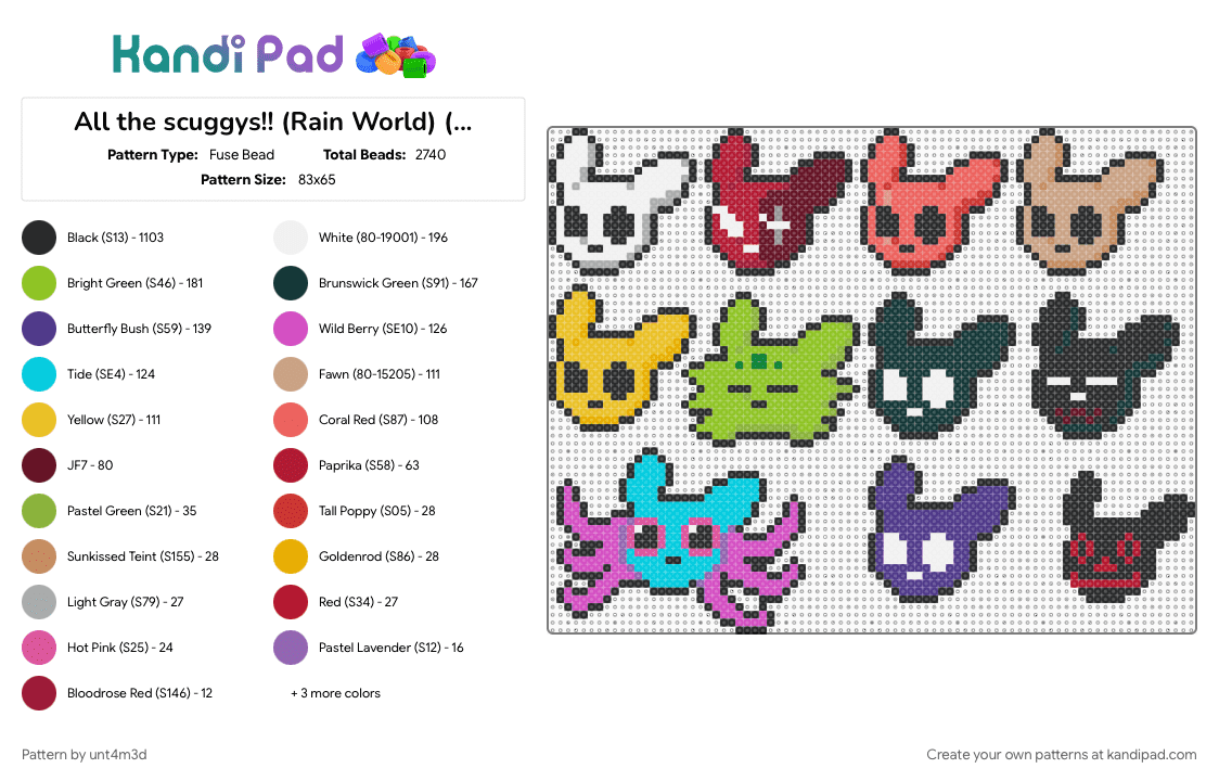 All the scuggys!! (Rain World) - Fuse Bead Pattern by unt4m3d on Kandi Pad - black, colorful, light blue, pink, rainworld, red, rw slugcat, slugcat, slugcat rain world, yellow