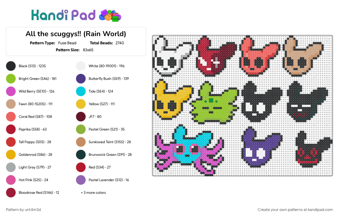 All the Slugcats!! (Rain World) - Fuse Bead Pattern by unt4m3d on Kandi Pad - black, colorful, light blue, pink, red, yellow