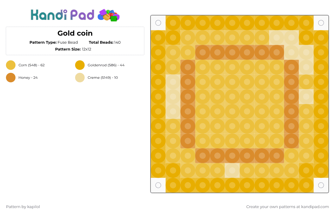 Gold coin Fuse Bead Pattern - Kandi Pad | Kandi Patterns, Fuse Bead ...