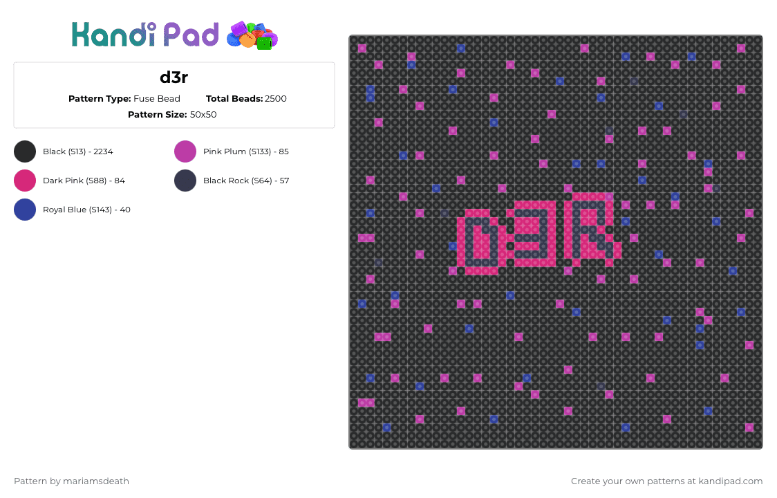 d3r - Fuse Bead Pattern by mariamsdeath on Kandi Pad - black,purple,pink,hyperpop,krushclub,scenecore,scene,rave,asteria,lumi athena,d3r
