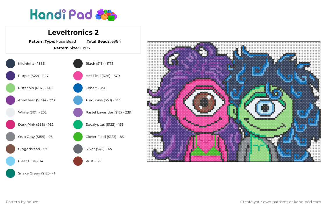 Leveltronics 2 - Fuse Bead Pattern by houze on Kandi Pad - cyclops, dj, edm, green, level up, music, pink, purple, subtronics