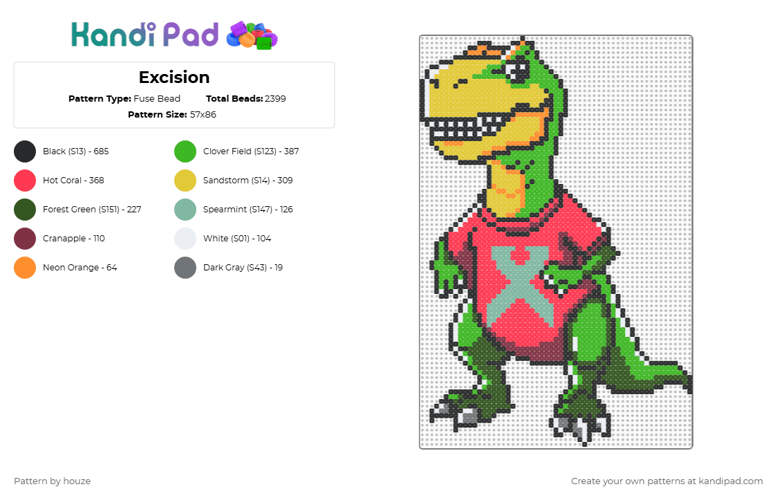 Excision - Fuse Bead Pattern by houze on Kandi Pad - music,festival,dinosaur,animal,green,yellow,gold,red,dino,lost lands,excision