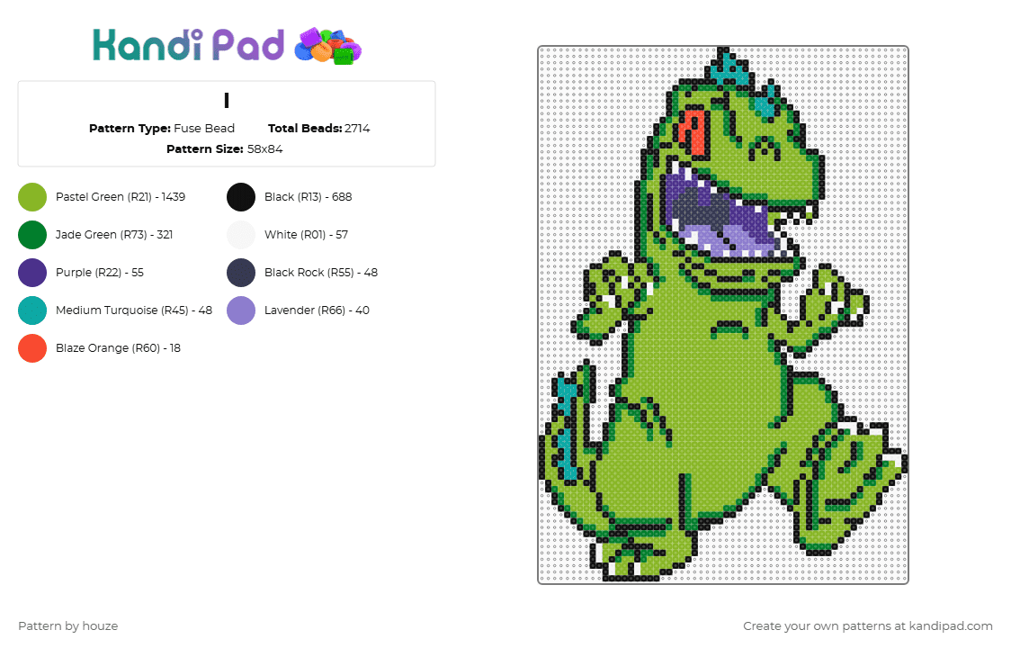 I - Fuse Bead Pattern by houze on Kandi Pad - reptar,rugrats,dinosaur,character,nickelodeon,cartoon,tv show,green