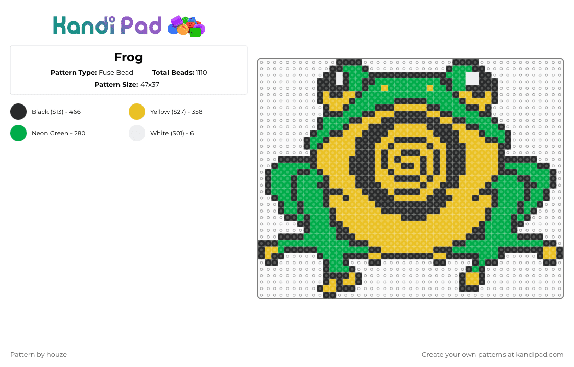 Frog - Fuse Bead Pattern by houze on Kandi Pad - frog,hypnotic,amphibian,spiral,animal,yellow,green