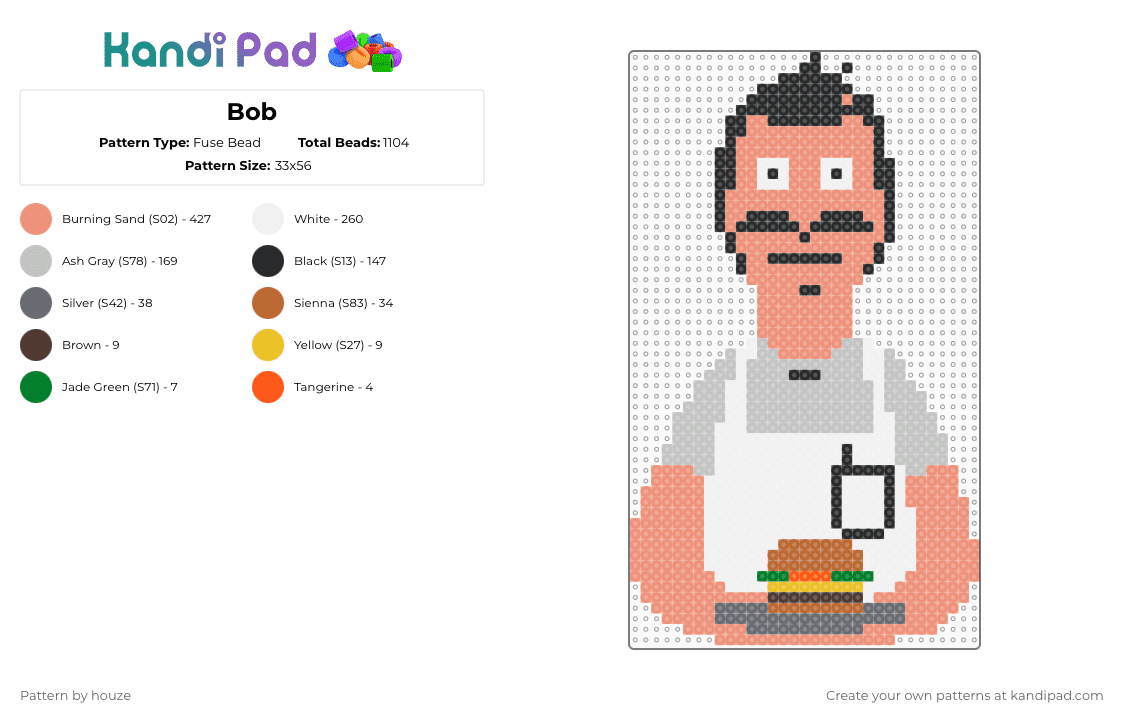 Bob - Fuse Bead Pattern by houze on Kandi Pad - bob belcher,bobs burgers,character,animation,tv show,cartoon,orange,beige