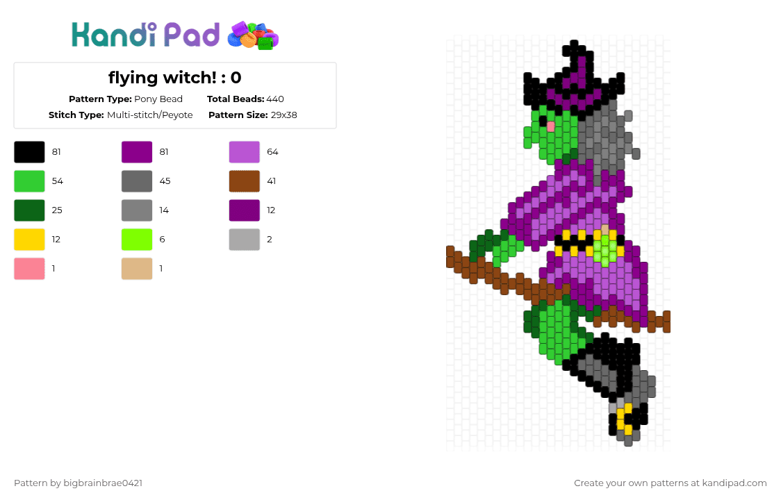 flying witch! : 0 - Pony Bead Pattern by bigbrainbrae0421 on Kandi Pad - green,pink,gray