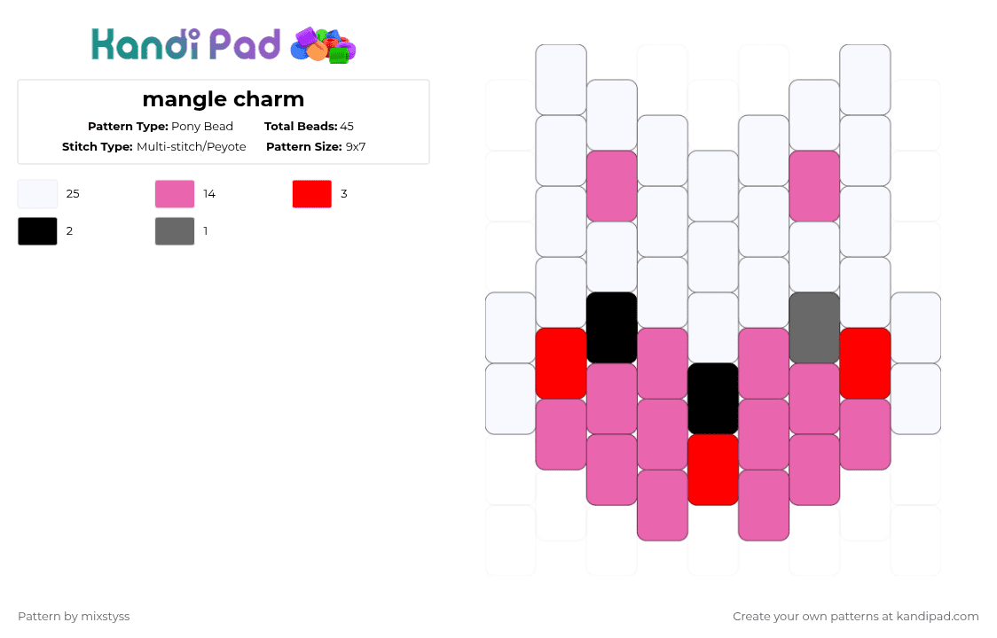 mangle charm - Pony Bead Pattern by mixstyss on Kandi Pad - white,pink,fnaf,mangle,foxy