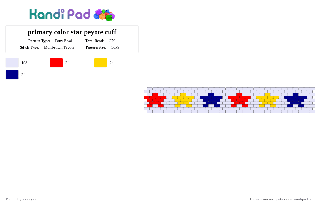 primary color star peyote cuff - Pony Bead Pattern by mixstyss on Kandi Pad - white,red,yellow,purple,clown,silly,star