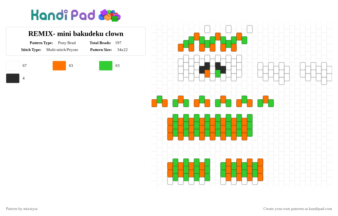 REMIX- mini bakudeku clown - Pony Bead Pattern by mixstyss on Kandi Pad - orange,green