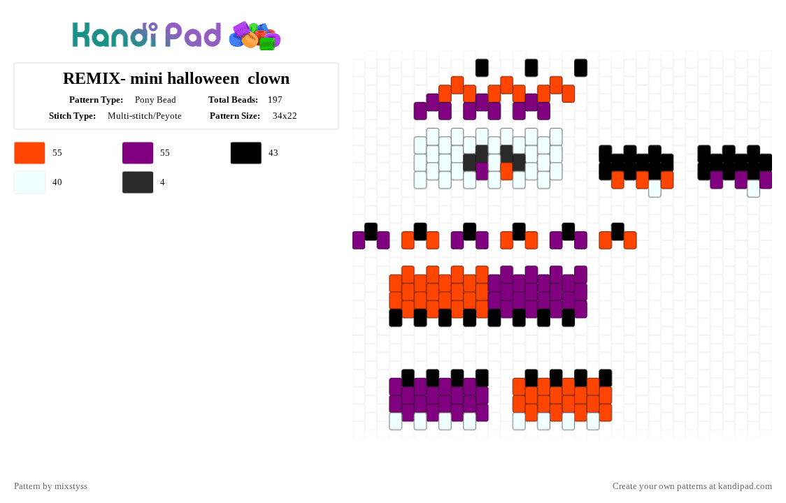 REMIX- mini halloween  clown - Pony Bead Pattern by mixstyss on Kandi Pad - pink, red