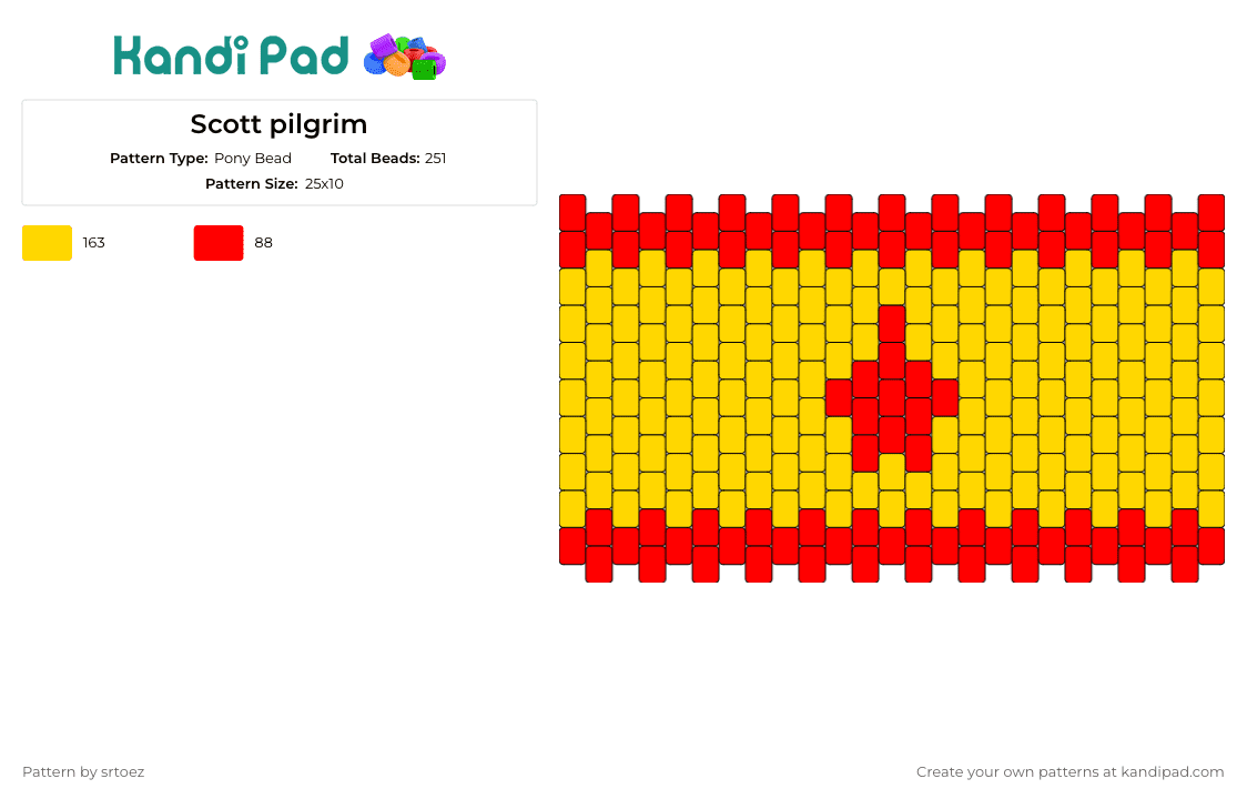 Scott pilgrim - Pony Bead Pattern by srtoez on Kandi Pad - scott pilgrim vs the world,cuff,pop culture,red,yellow