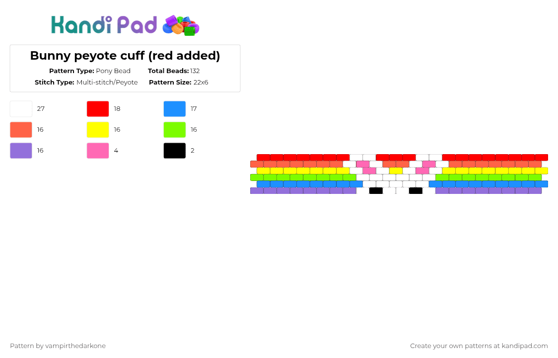 Bunny peyote cuff (red added) - Pony Bead Pattern by vampirthedarkone on Kandi Pad - red,green,purple,colorful