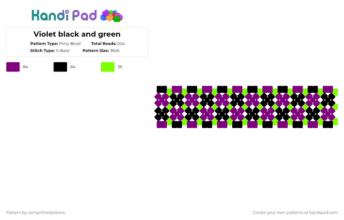 Violet black and green - Pony Bead Pattern by vampirthedarkone on Kandi Pad - xbase,cuff,pink,green