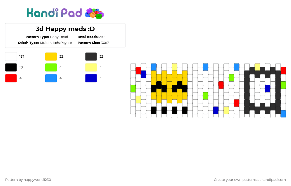 3d Happy meds :D - Pony Bead Pattern by happyworld1230 on Kandi Pad - white,yellow