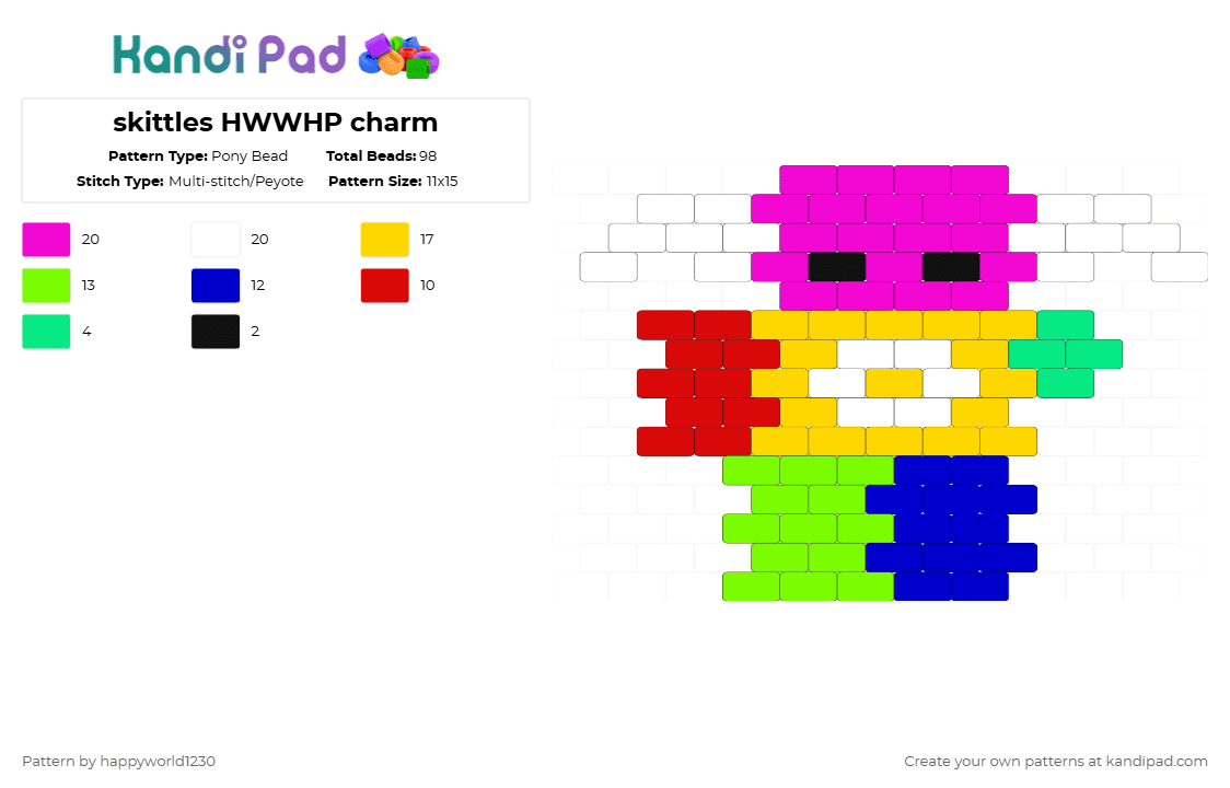 skittles HWWHP charm - Pony Bead Pattern by happyworld1230 on Kandi Pad - pink,yellow,green,purple,hwwhp,roblox,happyworld,soren,kandicharm