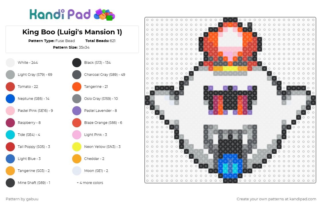 King Boo (Luigi\'s Mansion 1) - Fuse Bead Pattern by gabuu on Kandi Pad - white,orange,blue,colorful,game cube,red gem king boo
