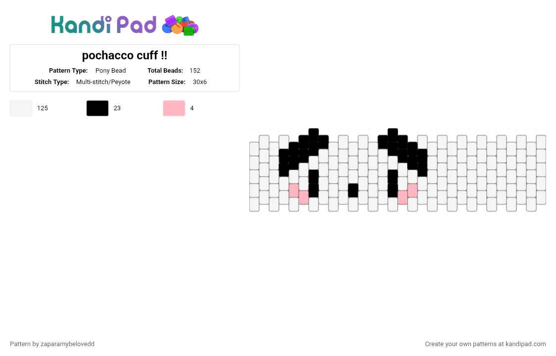 pochacco cuff !! - Pony Bead Pattern by zaparamybelovedd on Kandi Pad - white,black,pochacco,kandi cuff
