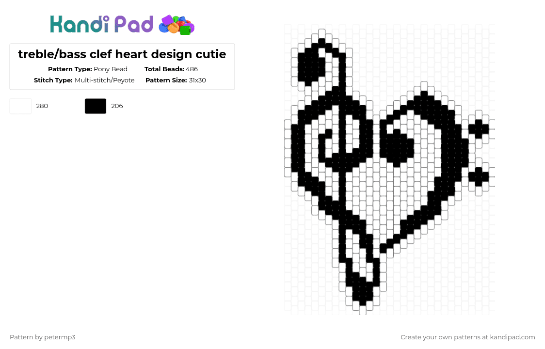 treble/bass clef heart design cutie - Pony Bead Pattern by petermp3 on Kandi Pad - white,black