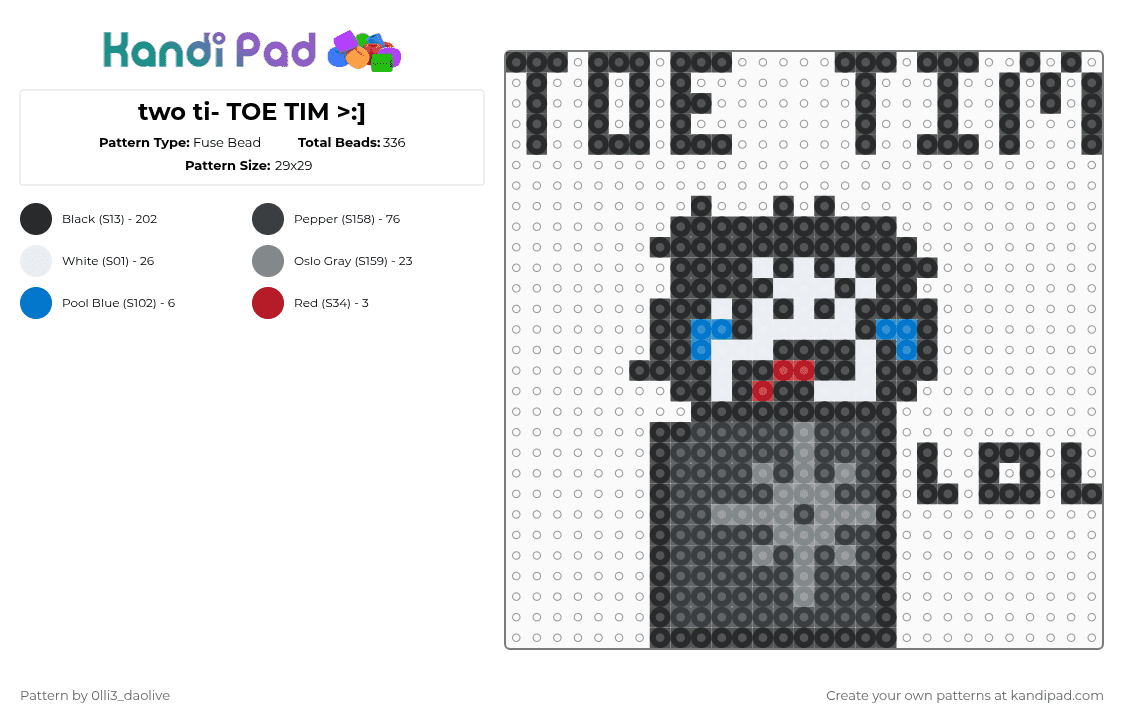 two ti- TOE TIM >:] - Fuse Bead Pattern by 0lli3_daolive on Kandi Pad - black, gray, toe tim, two time