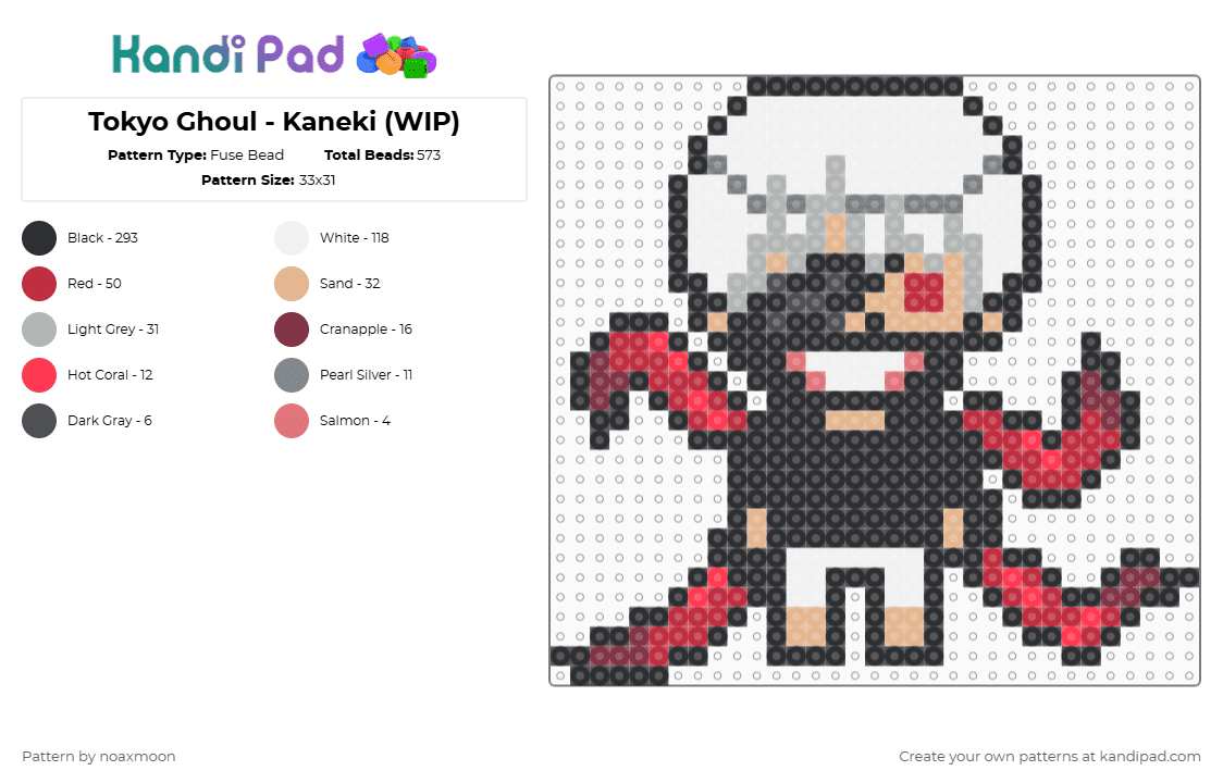 Tokyo Ghoul - Kaneki Ken - Fuse Bead Pattern by noaxmoon on Kandi Pad - black,beige,red,tokyo ghoul,kaneki,ghoul,unravel,character,anime
