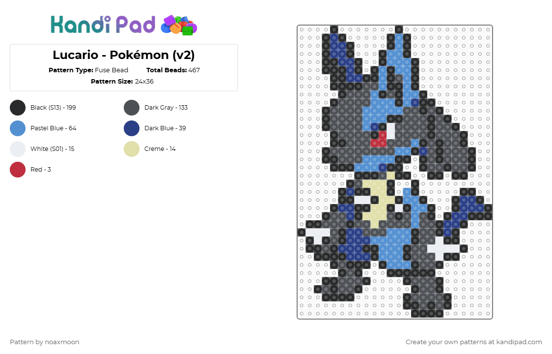 Lucario - Pokémon (v2) - Fuse Bead Pattern by noaxmoon on Kandi Pad - light blue,gray