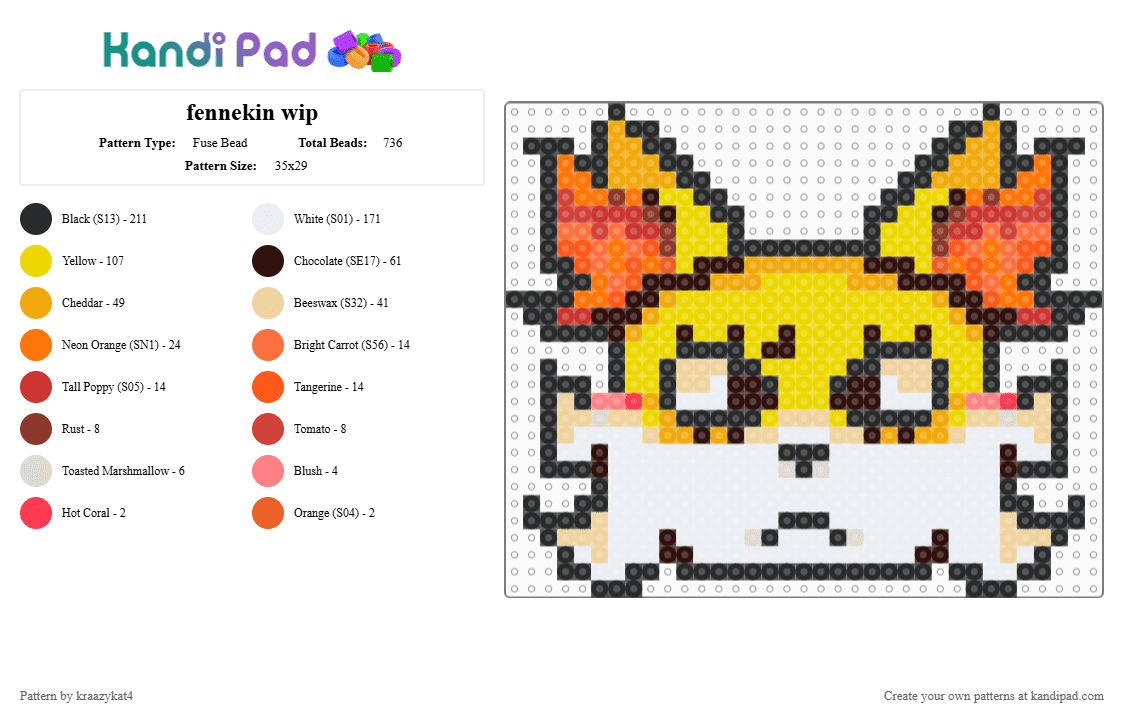 fennekin wip - Fuse Bead Pattern by kraazykat4 on Kandi Pad - orange, yellow