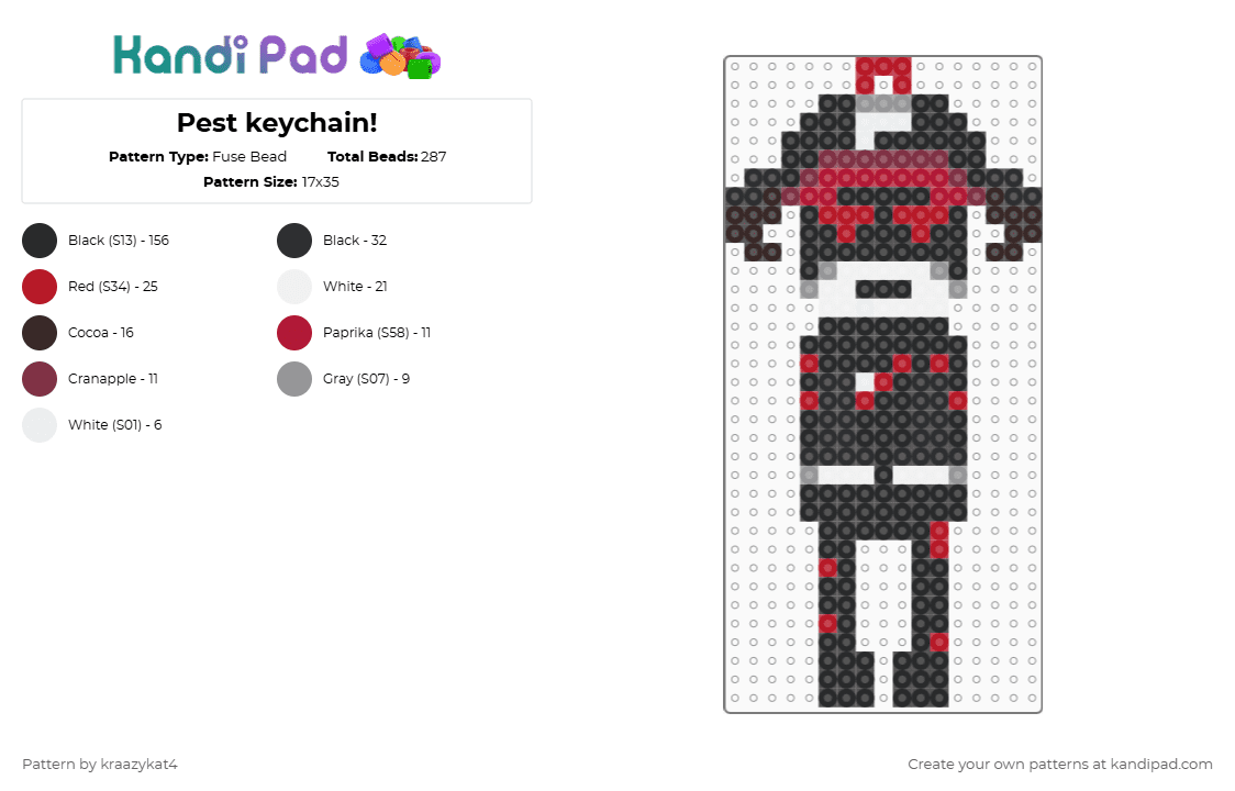 Pest keychain! - Fuse Bead Pattern by kraazykat4 on Kandi Pad - black,red,brown,regretevator,pest,guest,roblox,keychain,easy,bug,cute