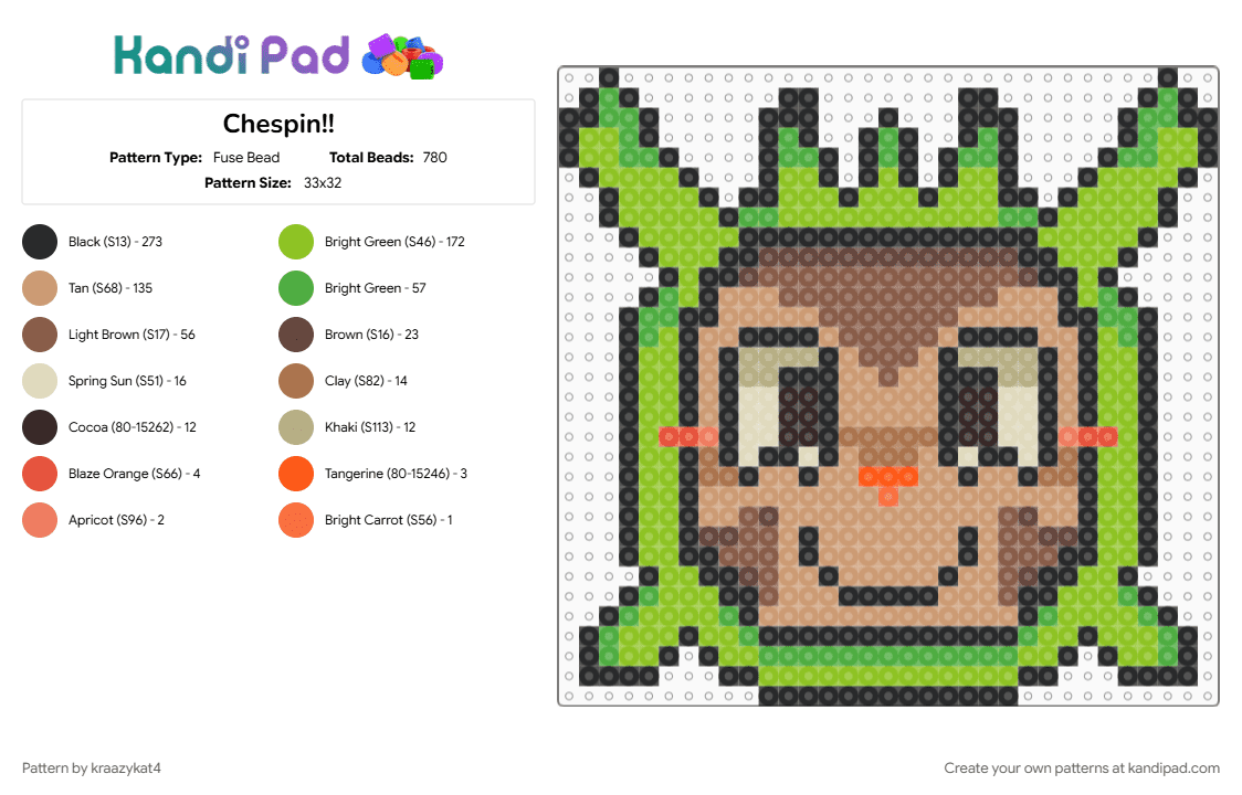 Chespin!! - Fuse Bead Pattern by kraazykat4 on Kandi Pad - beige, chespin, cute, gaming, green, pokemon, show, starters, startersmovieunleashers