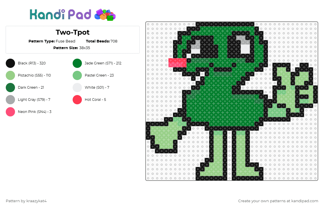 Two-Tpot - Fuse Bead Pattern by kraazykat4 on Kandi Pad - green,teal,tpot,two,number,algebralien,silly,cute,easy