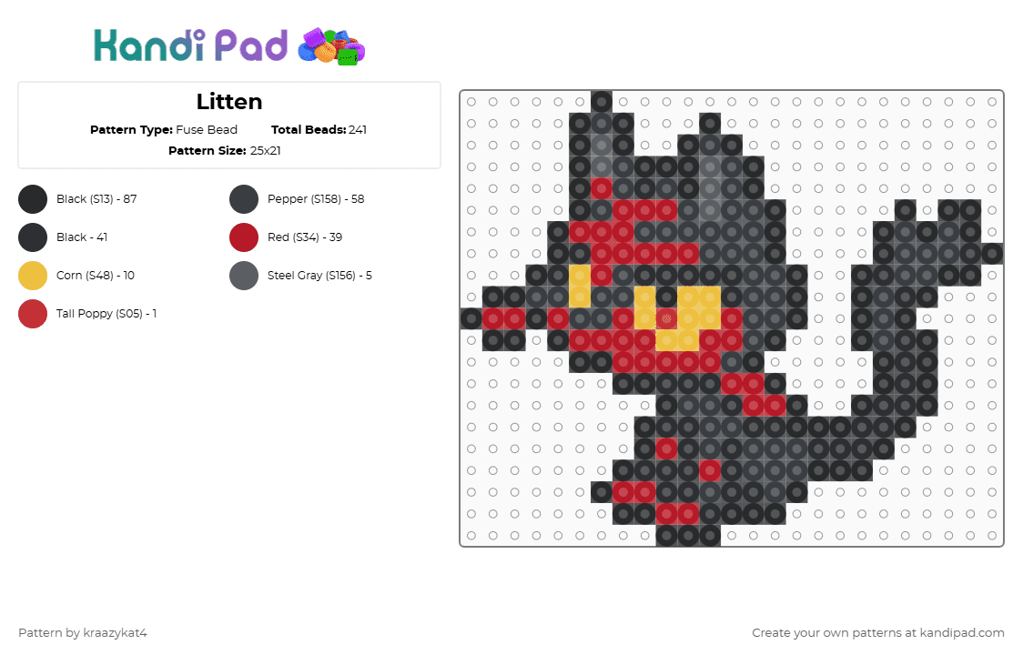 Litten - Fuse Bead Pattern by kraazykat4 on Kandi Pad - black,red,litten,cat,pokemon,easy,small,cute