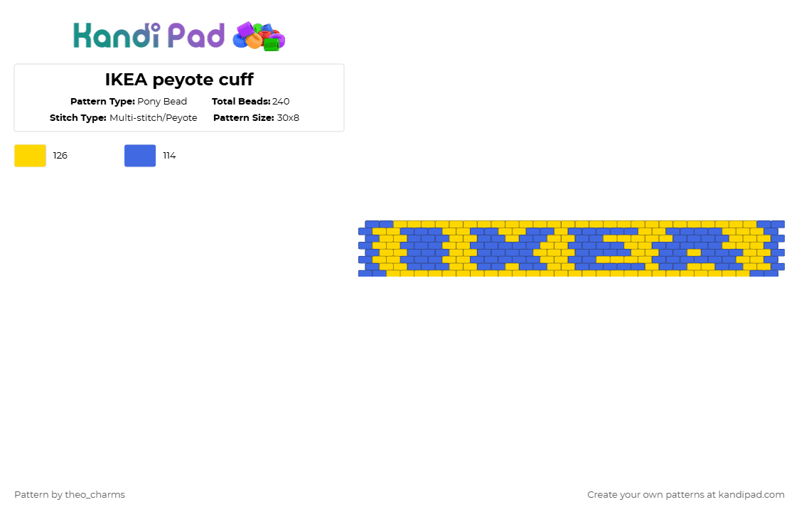 IKEA peyote cuff - Pony Bead Pattern by theo_charms on Kandi Pad - blue,yellow,cuff,ikea,peyote,kandi
