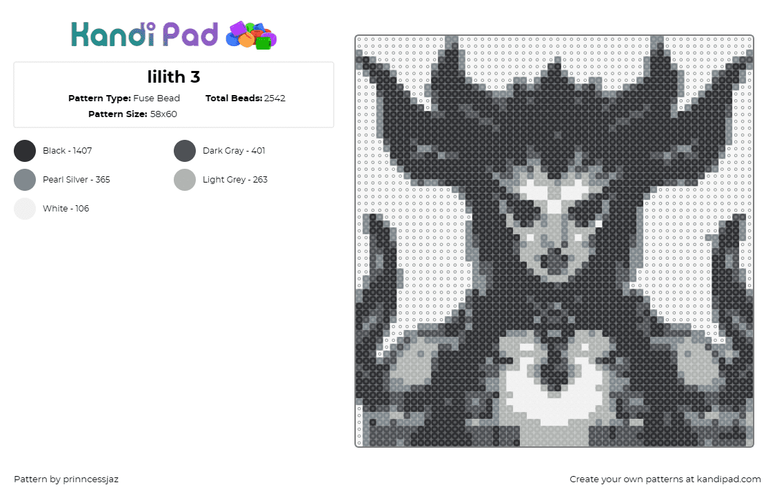 lilith 3 - Fuse Bead Pattern by prinncessjaz on Kandi Pad - lilith,diablo,demon,horror,monochromatic,mystical,dark