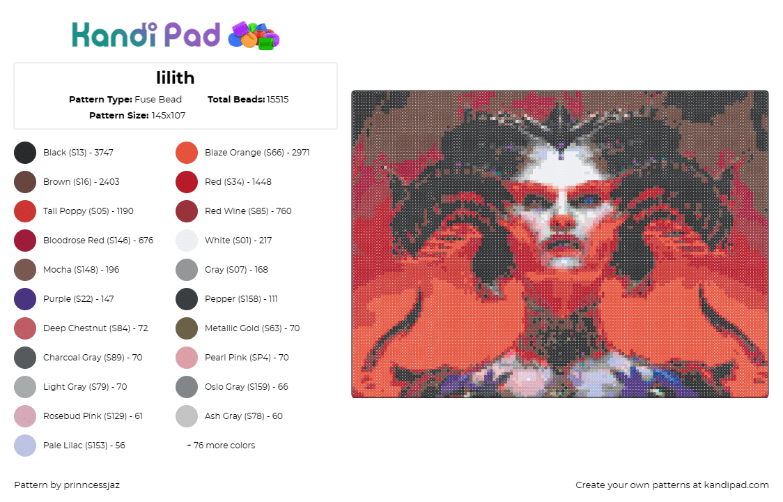 lilith - Fuse Bead Pattern by prinncessjaz on Kandi Pad - lilith,diablo,demon,horror,supernatural,eerie,macabre,dark,gothic,intense