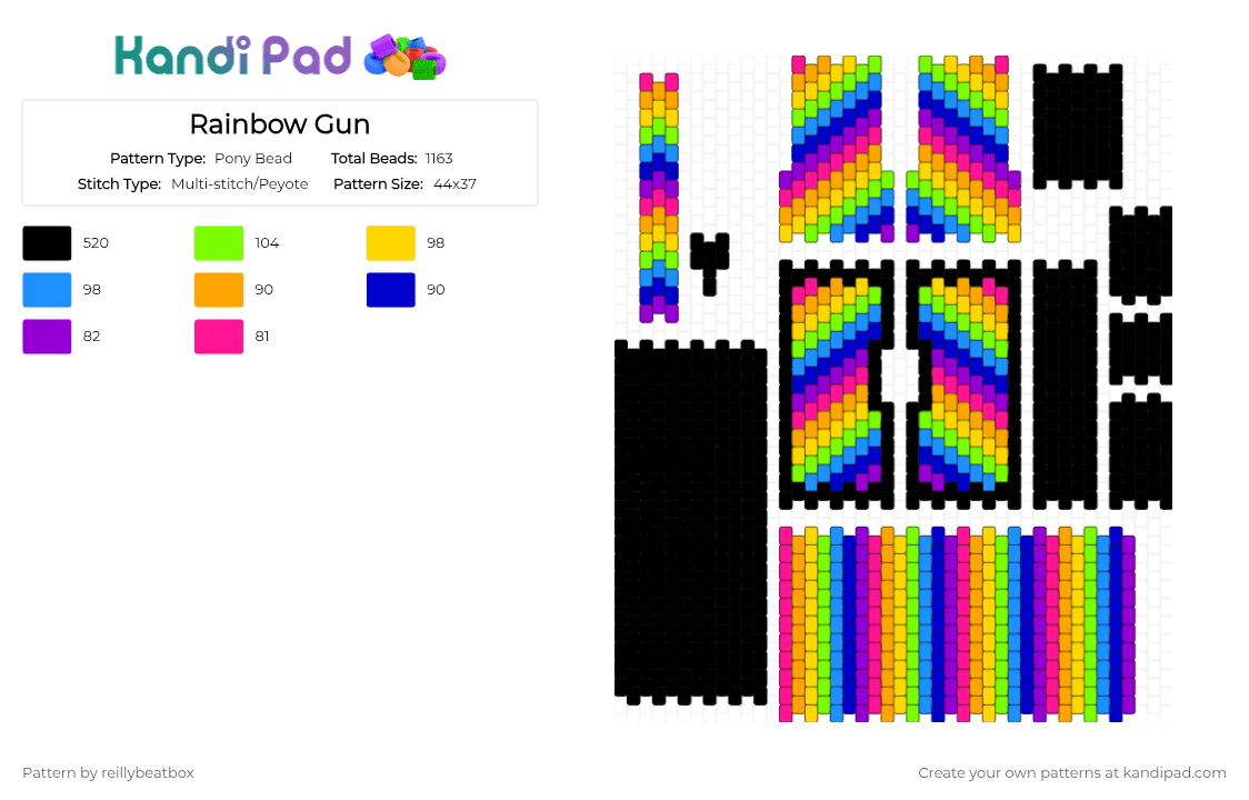Rainbow Gun - Pony Bead Pattern by reillybeatbox on Kandi Pad - black,green,purple,colorful