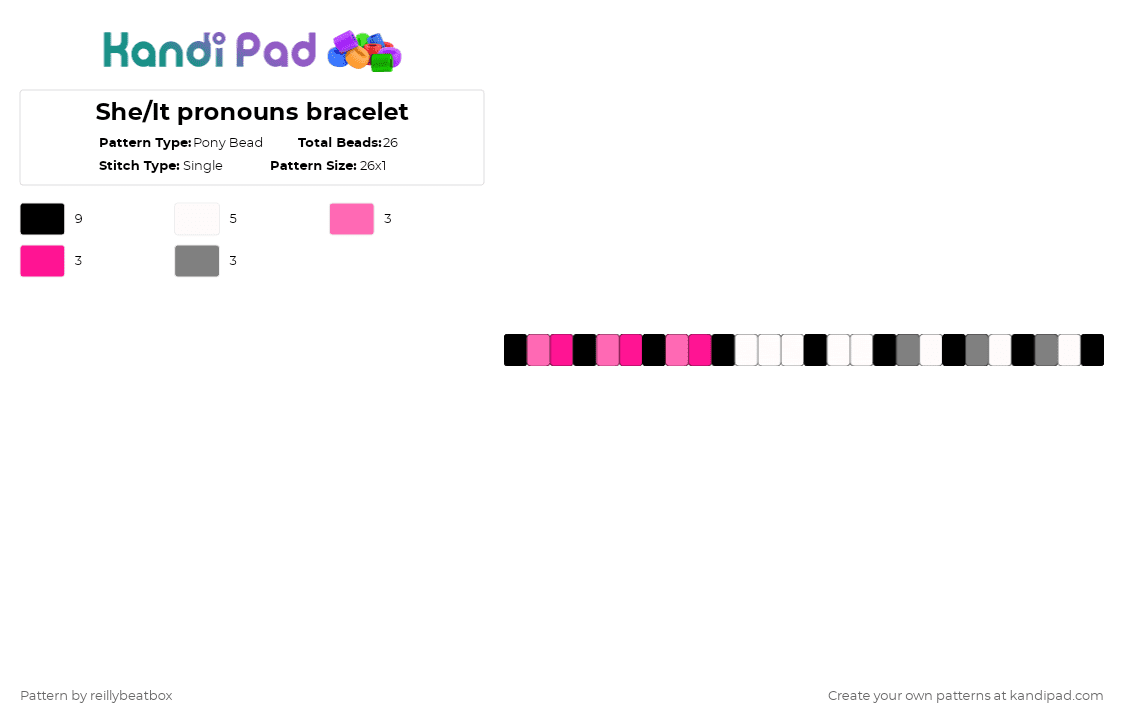 She/It pronouns bracelet - Pony Bead Pattern by reillybeatbox on Kandi Pad - pink,gray