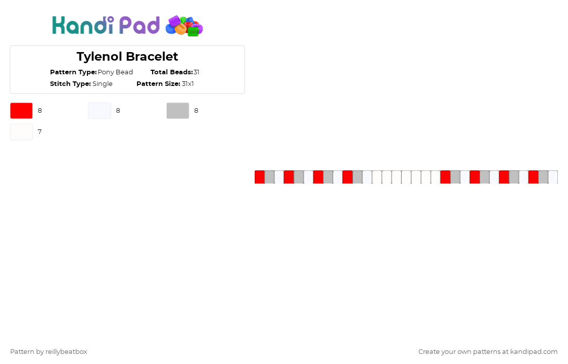 Tylenol Bracelet - Pony Bead Pattern by reillybeatbox on Kandi Pad - red,beige