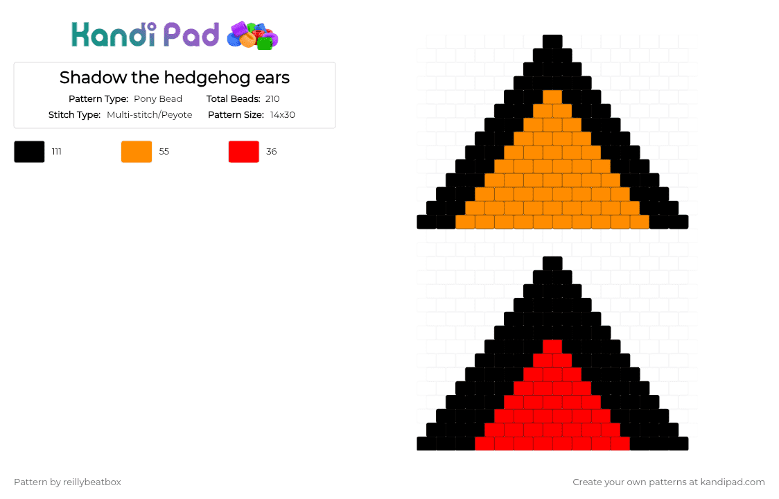 Shadow the hedgehog ears - Pony Bead Pattern by reillybeatbox on Kandi Pad - orange,red