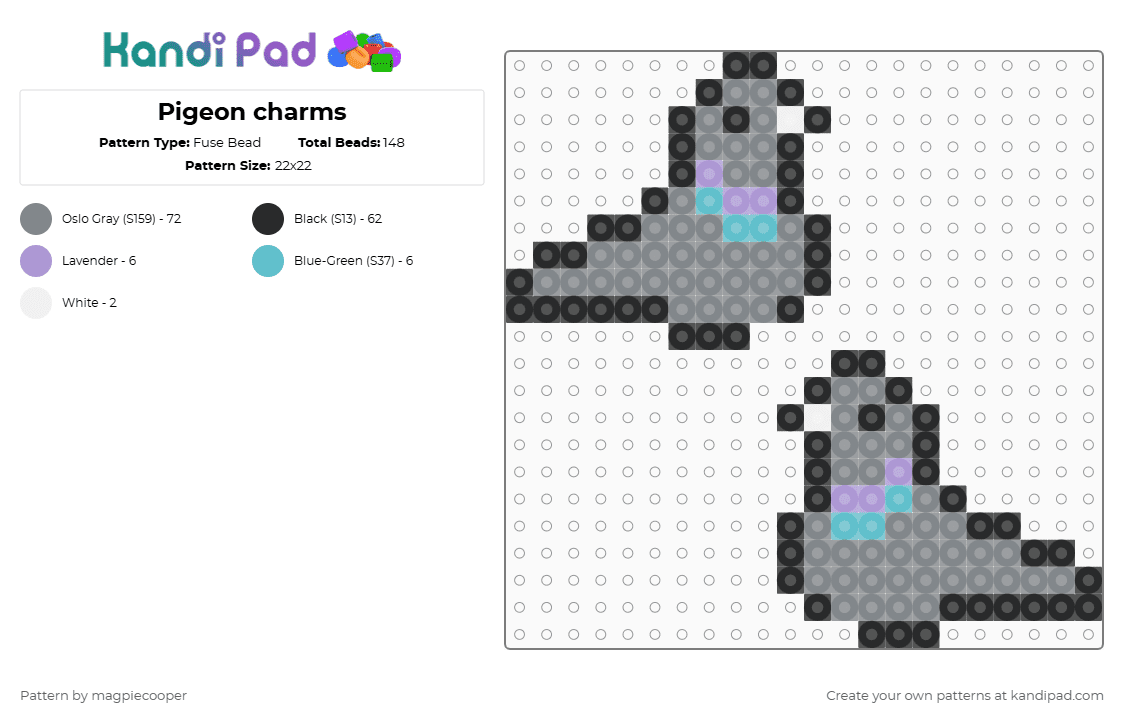 Pigeon charms - Fuse Bead Pattern by magpiecooper on Kandi Pad - pigeon,bird,animal,gray