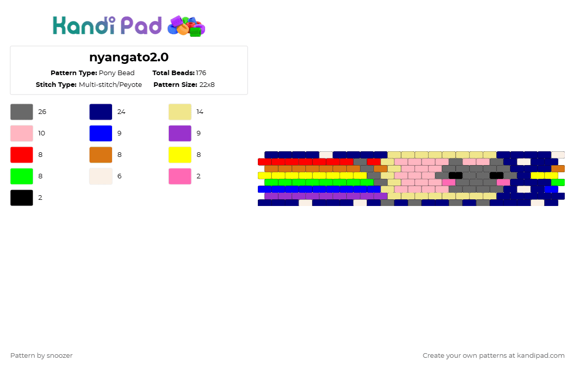 nyangato2.0 - Pony Bead Pattern by snoozer on Kandi Pad - gray,yellow,purple
