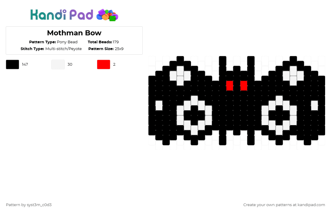 Mothman Bow - Pony Bead Pattern by syst3m_c0d3 on Kandi Pad - black,white,mothman,mothman bow,bow,bowtie